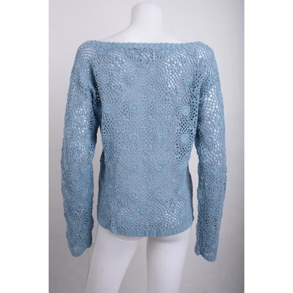 Vintage ESPRIT Womens Sweater L Blue Crochet Pullover Boat neck 90s NWT